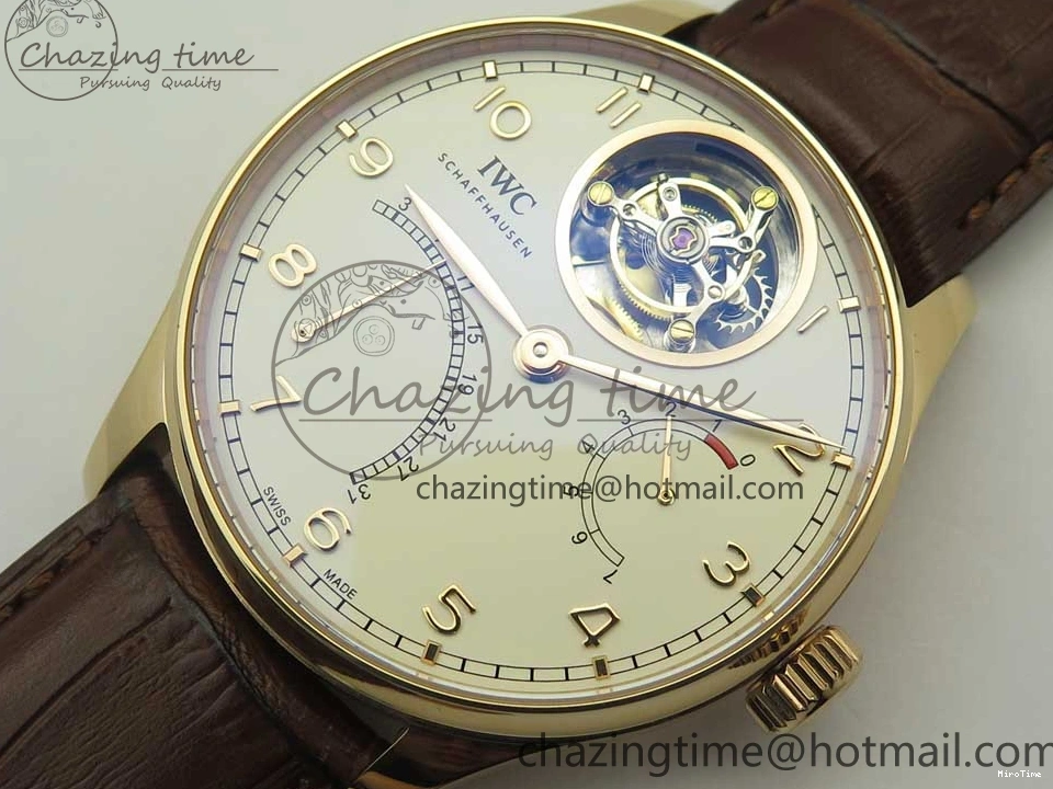 MIROTIME 0211 Portuguese Tourbillon IW504602 RG ZF Best Edition White Dial on Brown Leather Strap Stretchable 7178